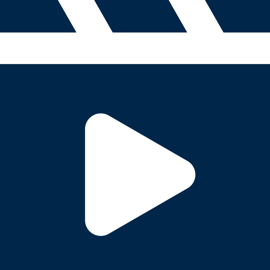 Right pointing arrow in white on a dark blue background, indicating a play button.