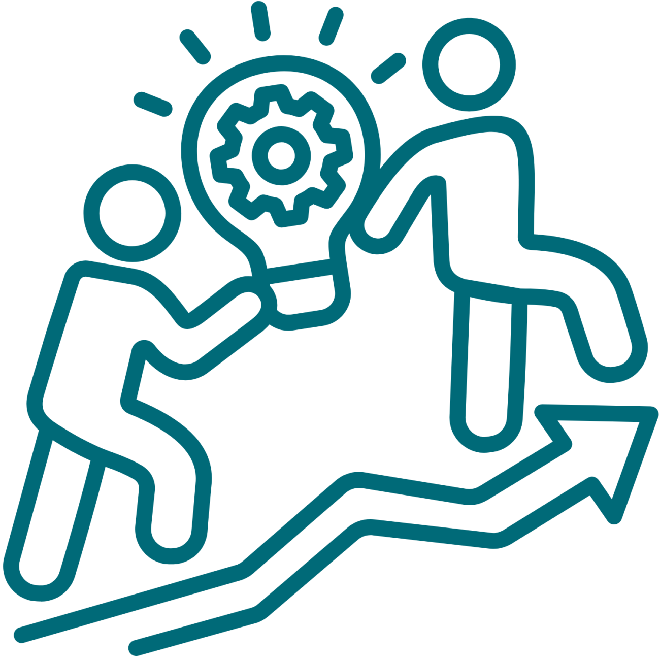 Line drawing of two people holding a lightbulb and climbing upwards.