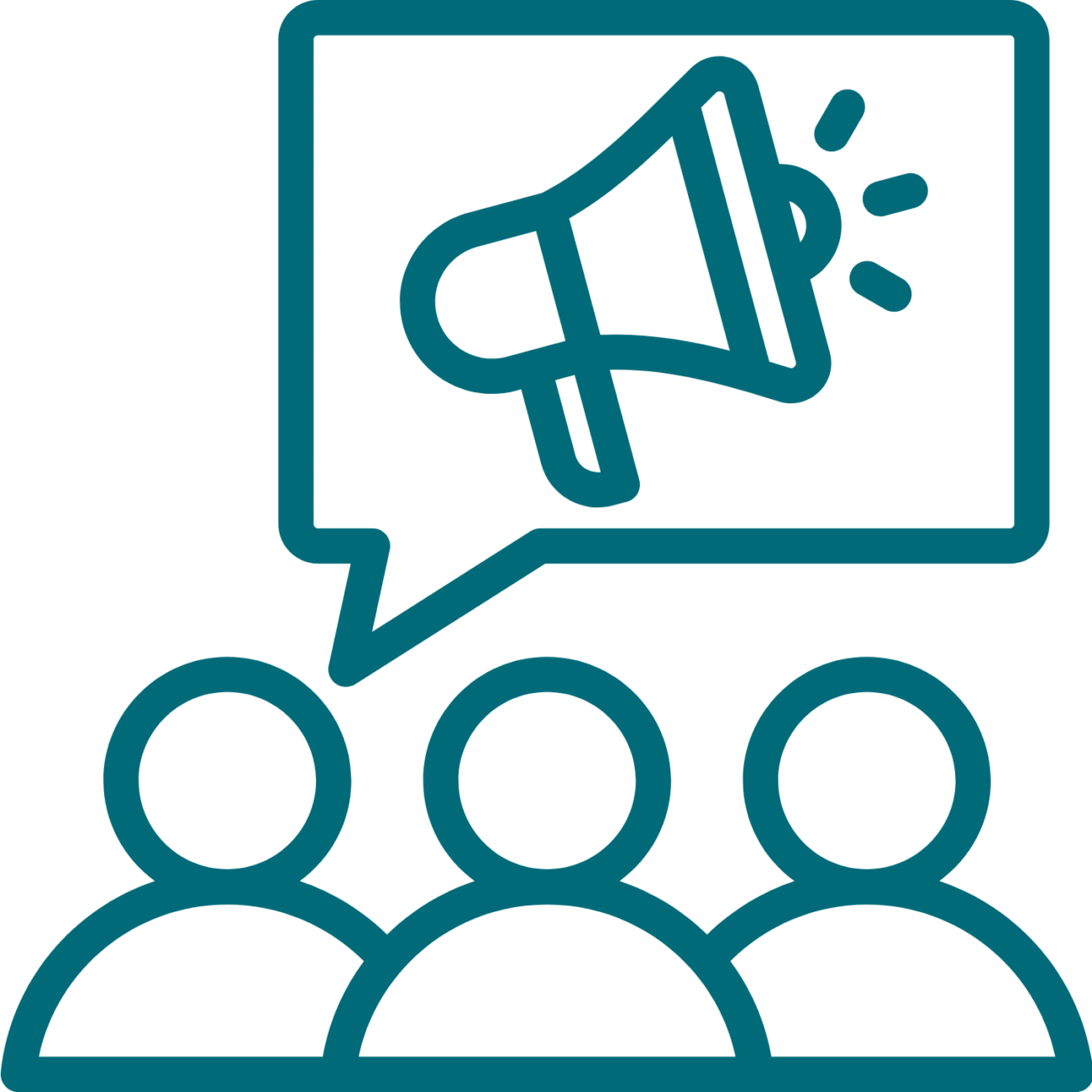 Line drawing of three people with a megaphone in a text bubble.