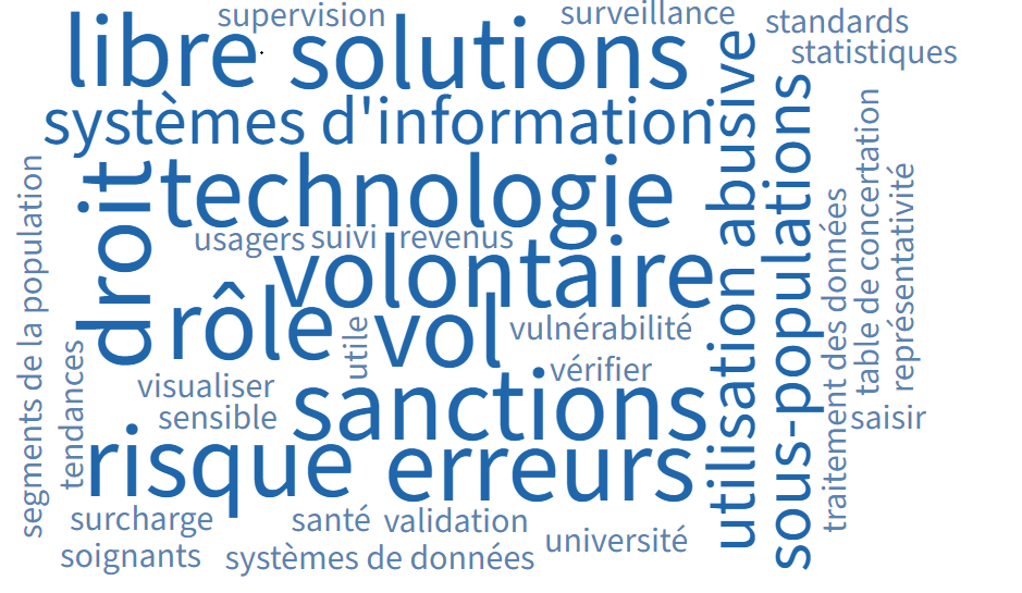 Nuage de mots montrant les points de vue minoritaires. Le texte bleu sur fond blanc se lit comme suit : gouvernance, informer, langage compréhensible, résultats, utile, stockage, sécurité volontaire, intention, sous-populations, tiers